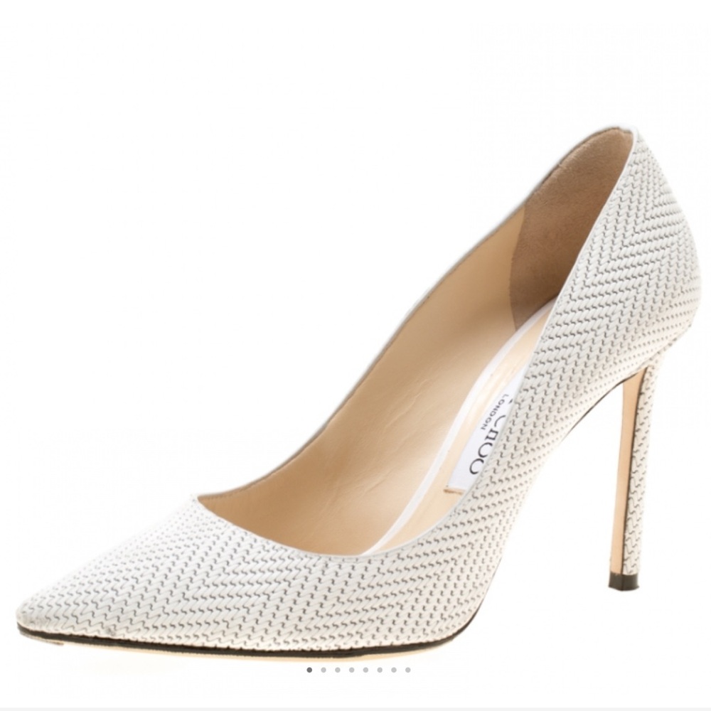 Jimmy Choo White Knitted Nubuck Leather Romy Pointed Toe Pumps Size 37.5